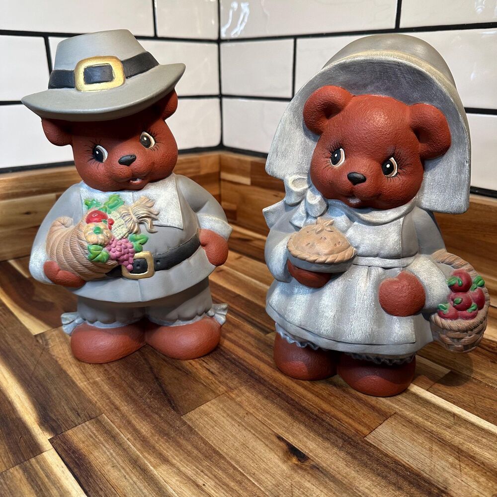 Vintage Hand-Painted Pilgrim Bear Figurines – Thanksgiving Harvest Decor –  9,5"